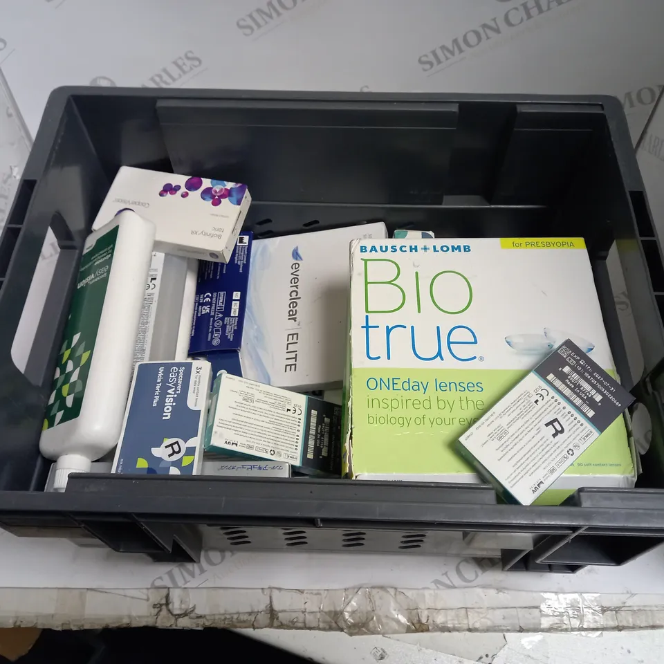 BOXED LOT TO CONTAIN APPROX. 30 X ASSORTED VISION CARE PRODUCTS. INCLUDES PACKS OF CONTACT LENSES & CONTACT LENSE CLEANING SOLUTION. BRANDS VARY