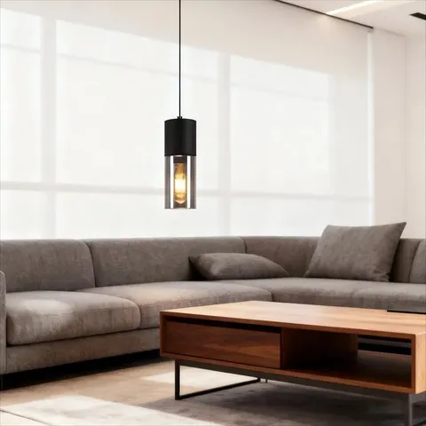 BOXED CHRISSHAWN E27 BLACK GLASS CYLINDER DESIGN PENDANT LIGHT (1 BOX)