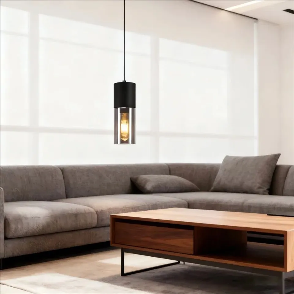 BOXED CHRISSHAWN E27 BLACK GLASS CYLINDER DESIGN PENDANT LIGHT (1 BOX)