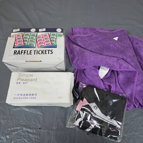 APPROXIMATELY 10 ASSORTED HOUSEHOLD PRODUCTS TO INCLUDE RAFFLE TICKETS, CLOTHS, HOME DECOR ETC 