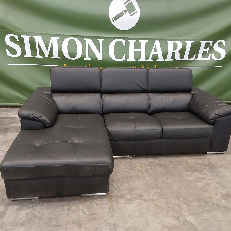 QUALITY DESIGNER BRADY LEATHER CHAISE SOFA - BLACK