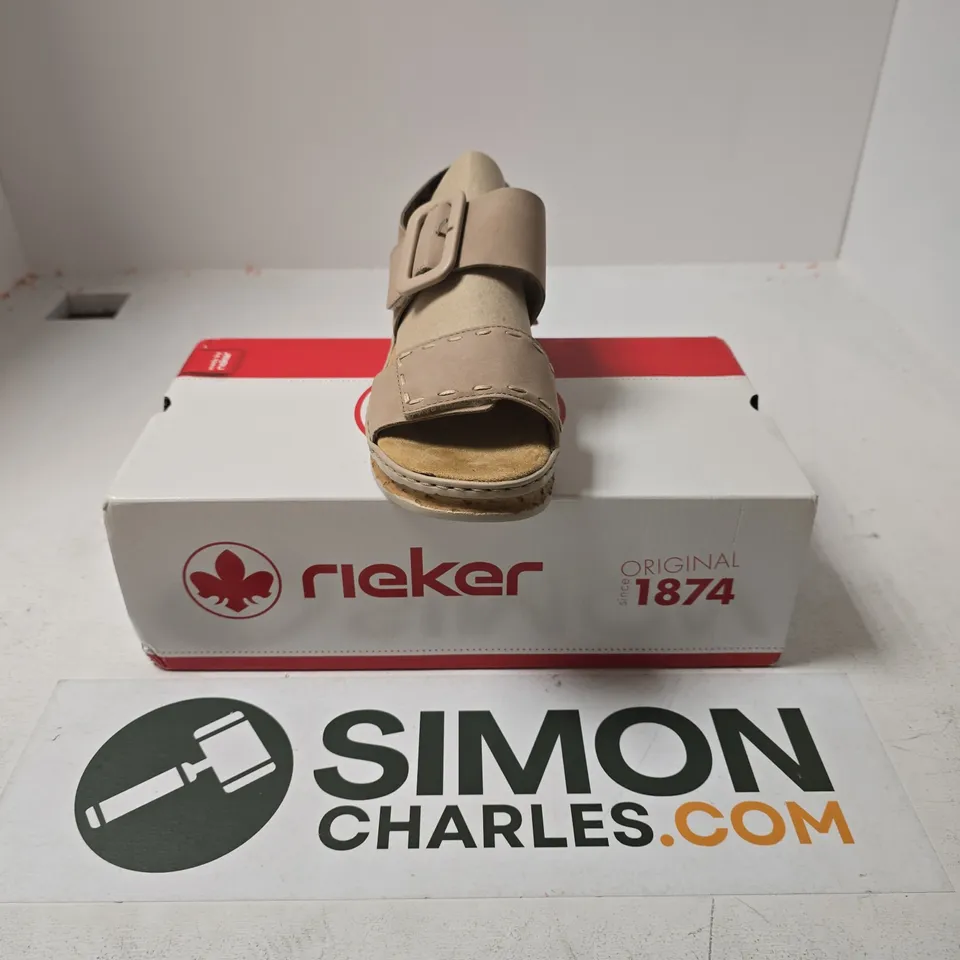 BOXED PAIR OF RIEKER 62950-62 WOMENS BUCKLE WEDGE SANDALS IN BEIGE - UK 3.5