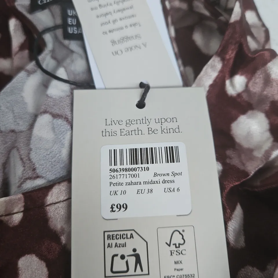 NOBODY'S CHILD PETITE ZAHARA MIDAXI DRESS – BROWN SPOT PRINT, UK 10 (EU 38, US 6) – MADE IN VIETNAM