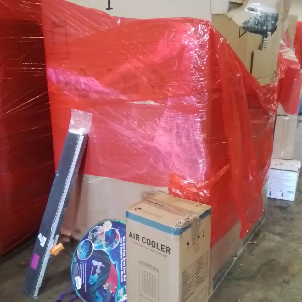 PALLET OF ASSORTED HOUSEHOLD GOODS AND PRODUCTS TO INCLUDE;AIR COOLER,BLACKOUT CURTAINS POLES,POPUP TENT