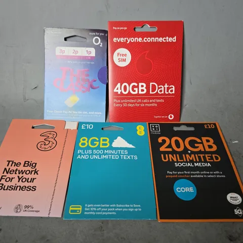 TOTE OF APPROXIMATELY 50 ASSORTED SIM CARD TO INCLUDE - VOXI , VODAFONE , 3 - ETC