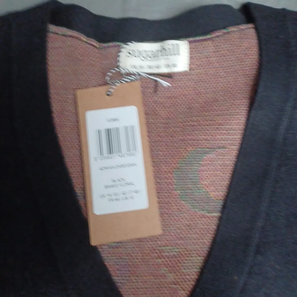 SUGARHILL NAVY WOMEN'S CARDIGAN WITH V-NECK, BUTTON-FRONT, PUFF SLEEVES AND YELLOW TRIM SIZE 14