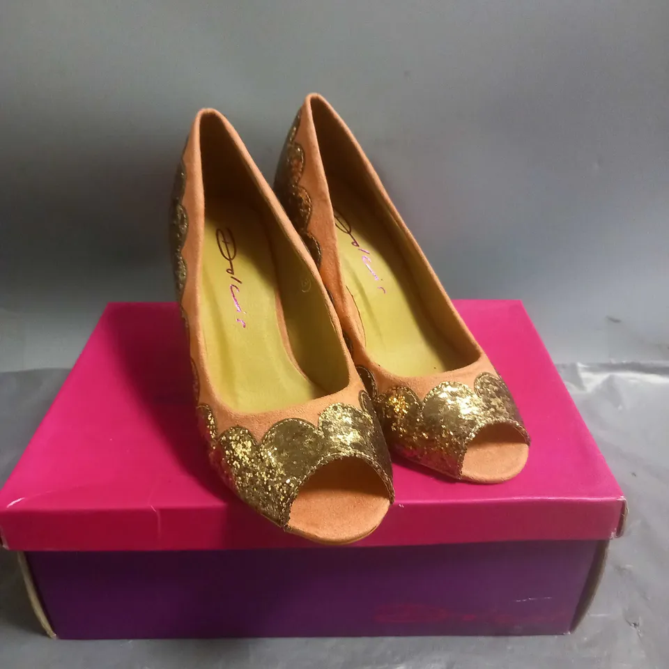 DOLCIS LADIES HIGH HEELED OPEN TOE SHOES CORAL/BRONZE GLITTER SIZE 3