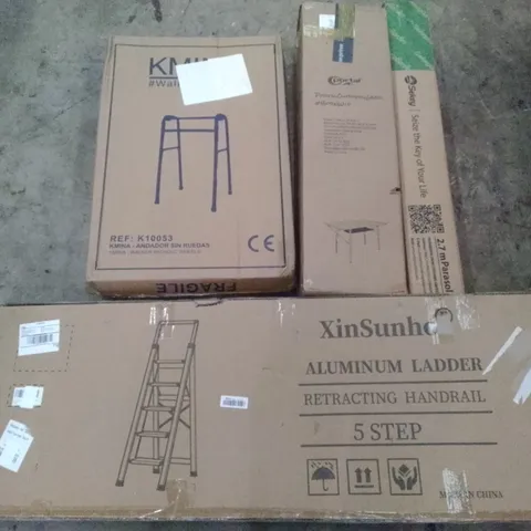 PALLET OF ASSORTED ITEMS INCLUDING KMINA WALKER WITHOUT WHEELS, FOLDING TABLE, ALUMINIUM LADDER, SEKEY 2.7M PARASOL