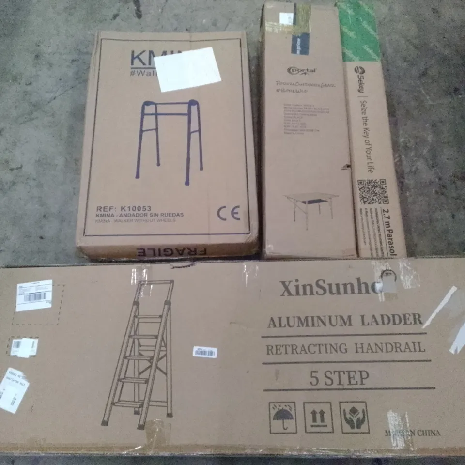 PALLET OF ASSORTED ITEMS INCLUDING KMINA WALKER WITHOUT WHEELS, FOLDING TABLE, ALUMINIUM LADDER, SEKEY 2.7M PARASOL