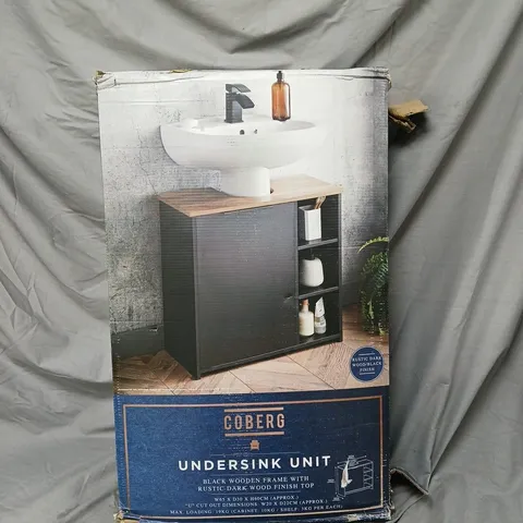 COBERG UNDER-SINK UNIT – BLACK WOODEN FRAME WITH RUSTIC DARK WOOD FINISH TOP