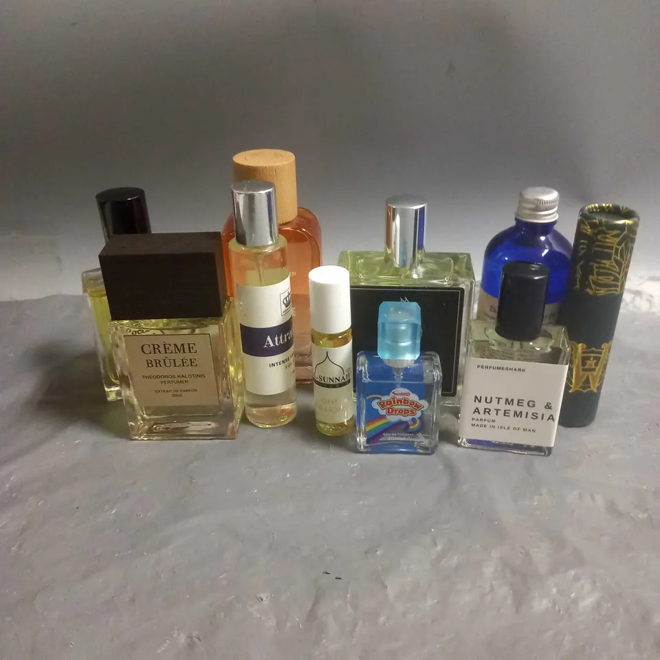 BOX OF APPROX 10 ASSORTED FRAGRANCES TO INCLUDE - THE BODY SHOP EAU DE PARFUM - CREME BRULEE EXTRAIT DE PARFUM - SWIZZELS RAINBOW DROBS TOILETTE - ETC