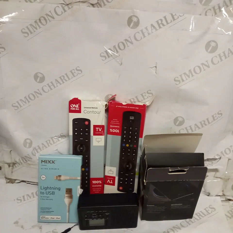 BOX OF ASSORTED ELECTRICAL ITEMS TOO INCLUDE USB'S , RADIO'S AND REMOTES  