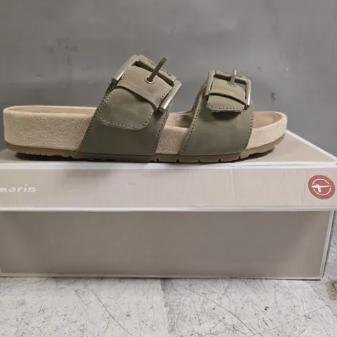 BOXED PAIR OF TAMARI OPEN TOE SANDALS IN SAGE SIZE EU 39