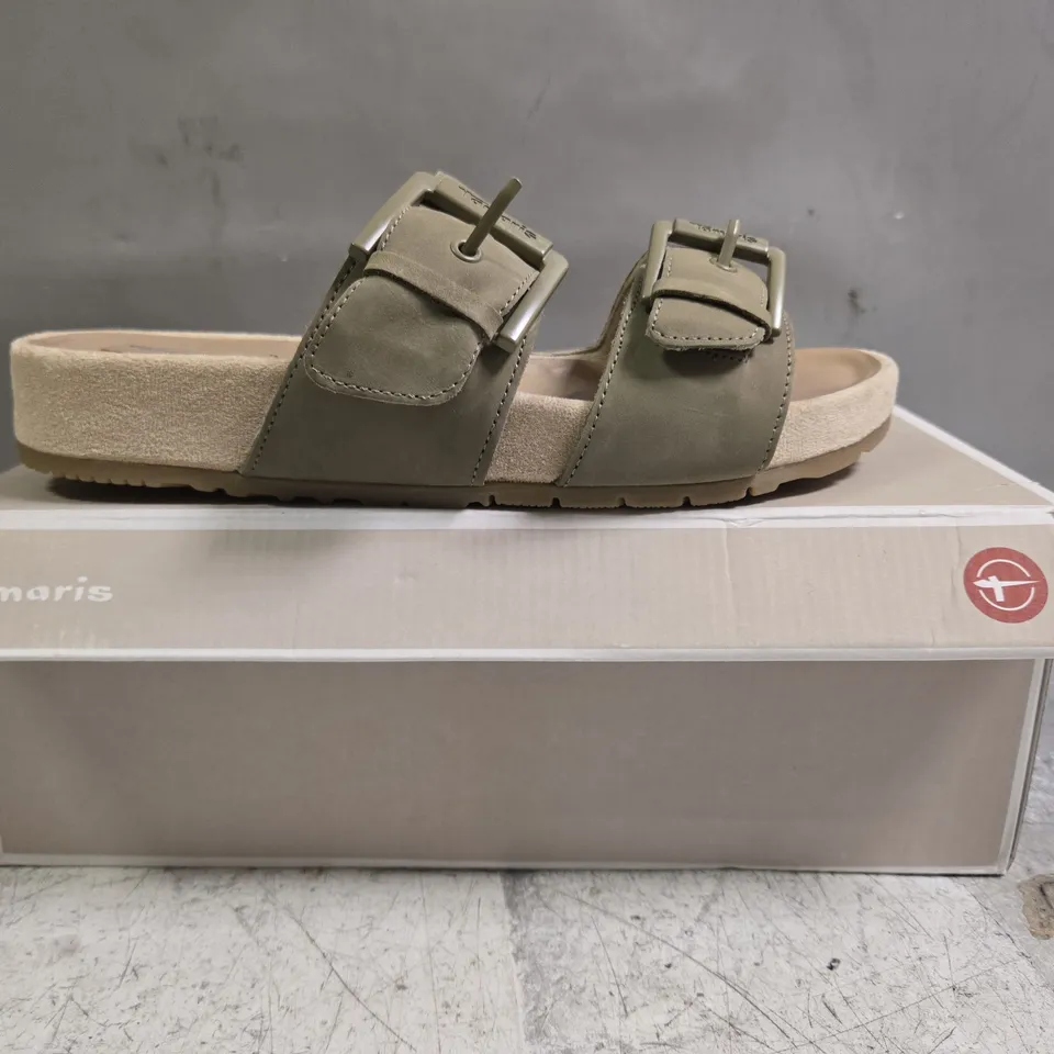 BOXED PAIR OF TAMARI OPEN TOE SANDALS IN SAGE SIZE EU 39