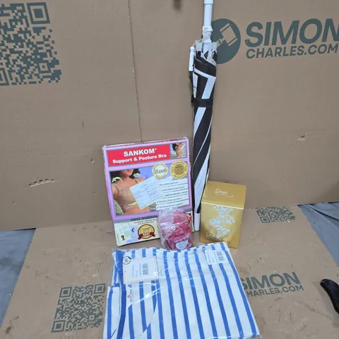 APPROXIMATELY 15 ASSORTED ITEMS TO INCLUDE SANKOM SUPPORT & POSTURE BRA, UMBRELLA, JEWELLERY CLEANER, ETC