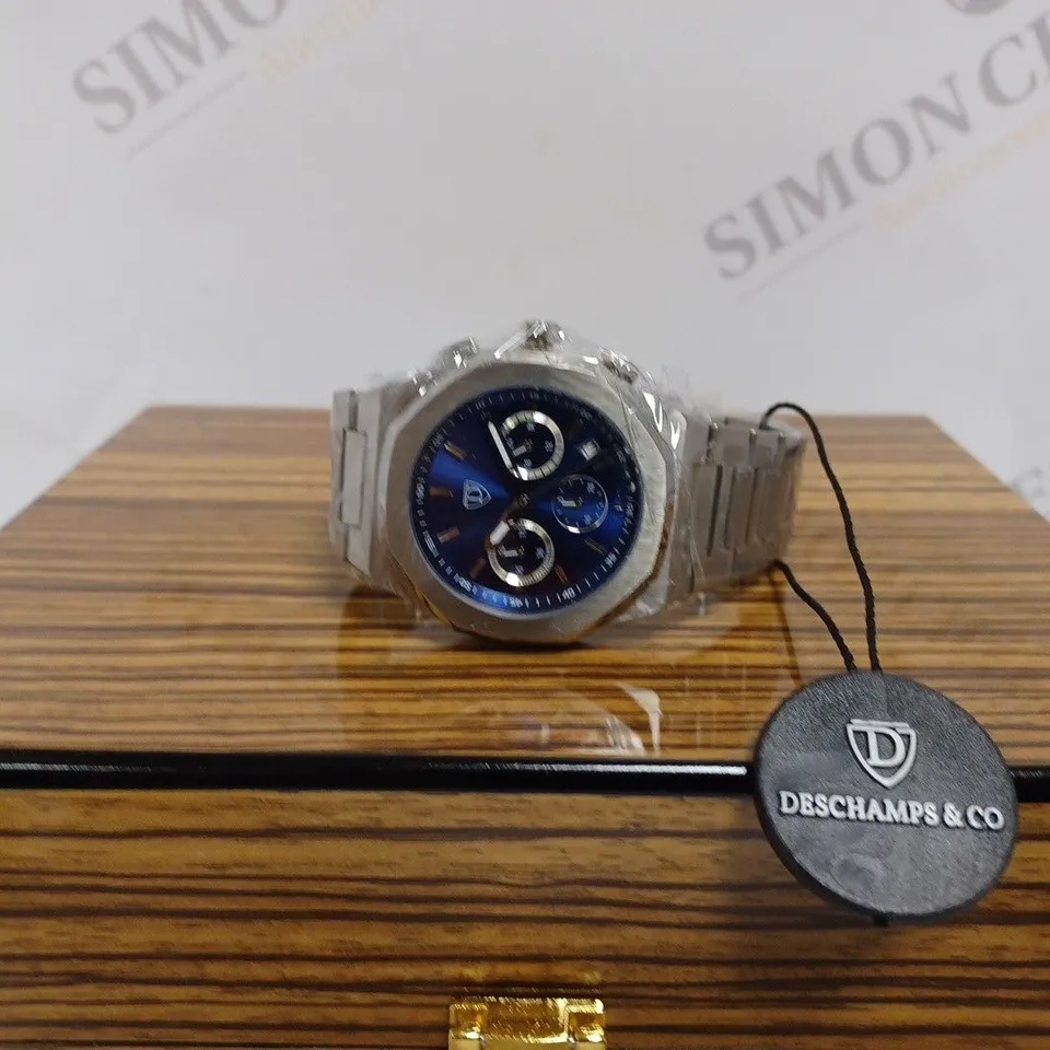 DESCHAMPS & CO MENS CHRONOGRAPH WATCH – SUB DIALS WITH DATE – STAINLESS STEEL CASE & STRAP – 5ATM WATER RESISTANT - WOODEN GIFT BOX