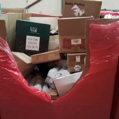 PALLET CONTAINING VARIOUS ASSORTED BOXED HOUSEHOLD ITEMS TO INCLUDE: BABY SWING, KIDS BOOSTER SEATS, PLASTIC CUPS, PIZZA STONE, AND LOTS MORE UNMARKED BOXED ITEMS 