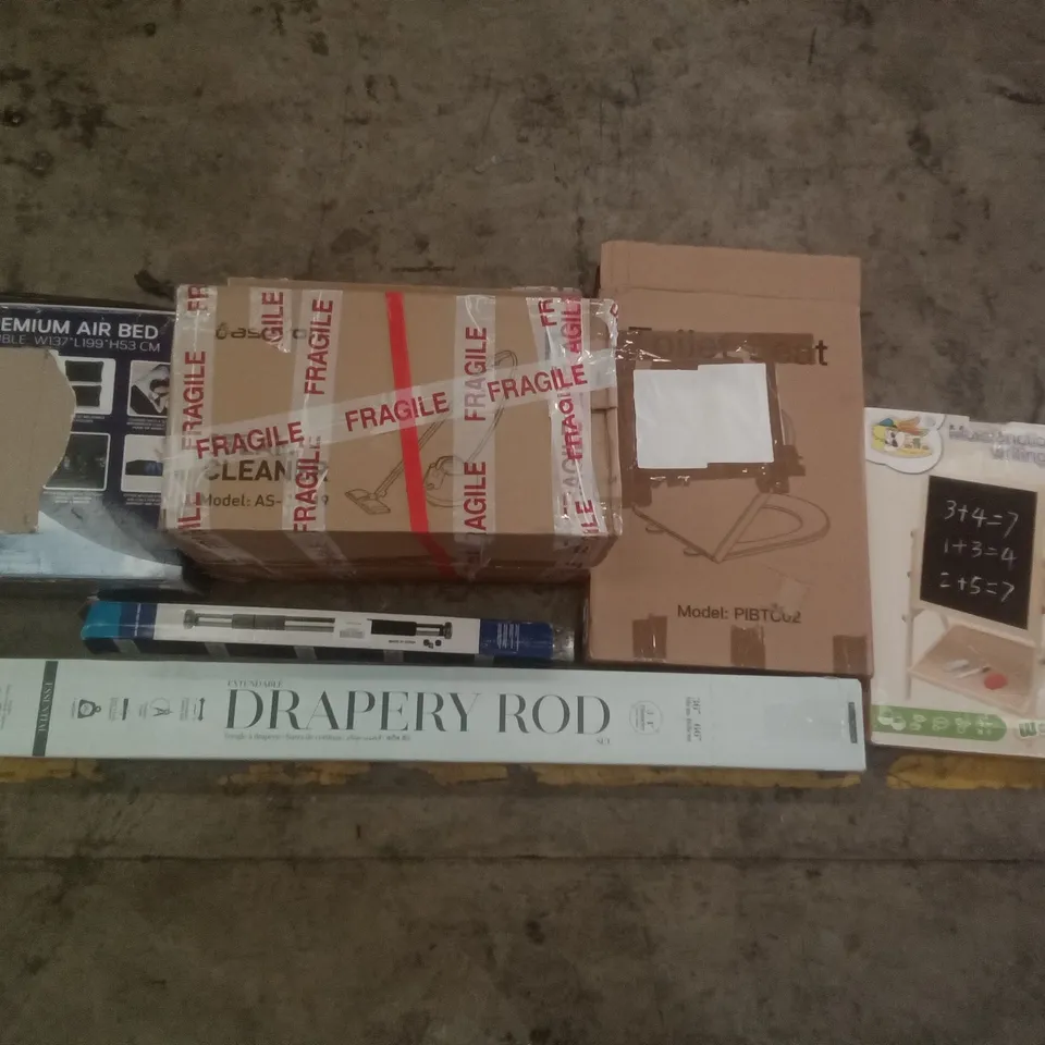 PALLET OF ASSORTED ITEMS INCLUDING TOILET SEAT, MULTIFUNCTIONAL WRITING BOARD, EXTENDABLE DRAPERY ROD, PULL UP BAR, GETFIT PREMIUM AIR BED, STEAM CLEANER 