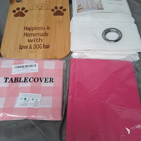 APPROXIMATELY 20 ASSORTED HOUSEHOLD PRODUCTS TO INCLUDE TABLET COVER, CUTTING BOARD AND A PAIR OF VOILE CURTAINS
