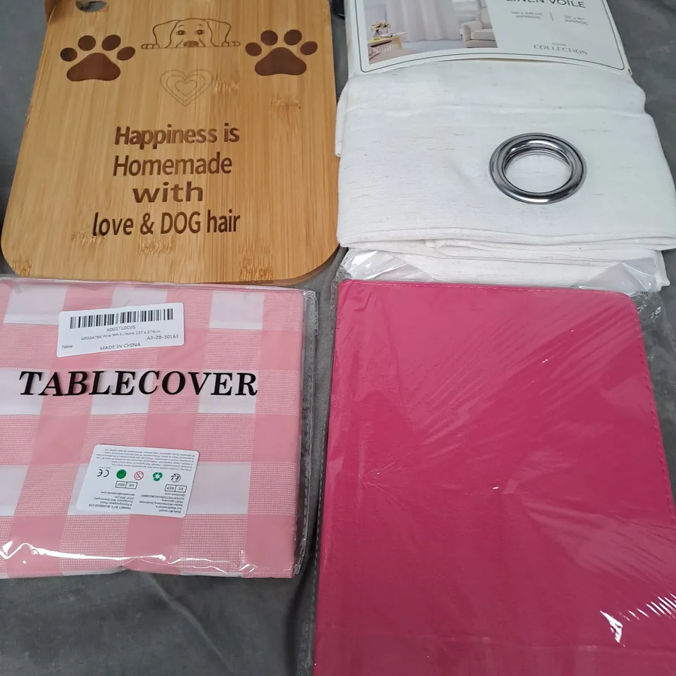 APPROXIMATELY 20 ASSORTED HOUSEHOLD PRODUCTS TO INCLUDE TABLET COVER, CUTTING BOARD AND A PAIR OF VOILE CURTAINS
