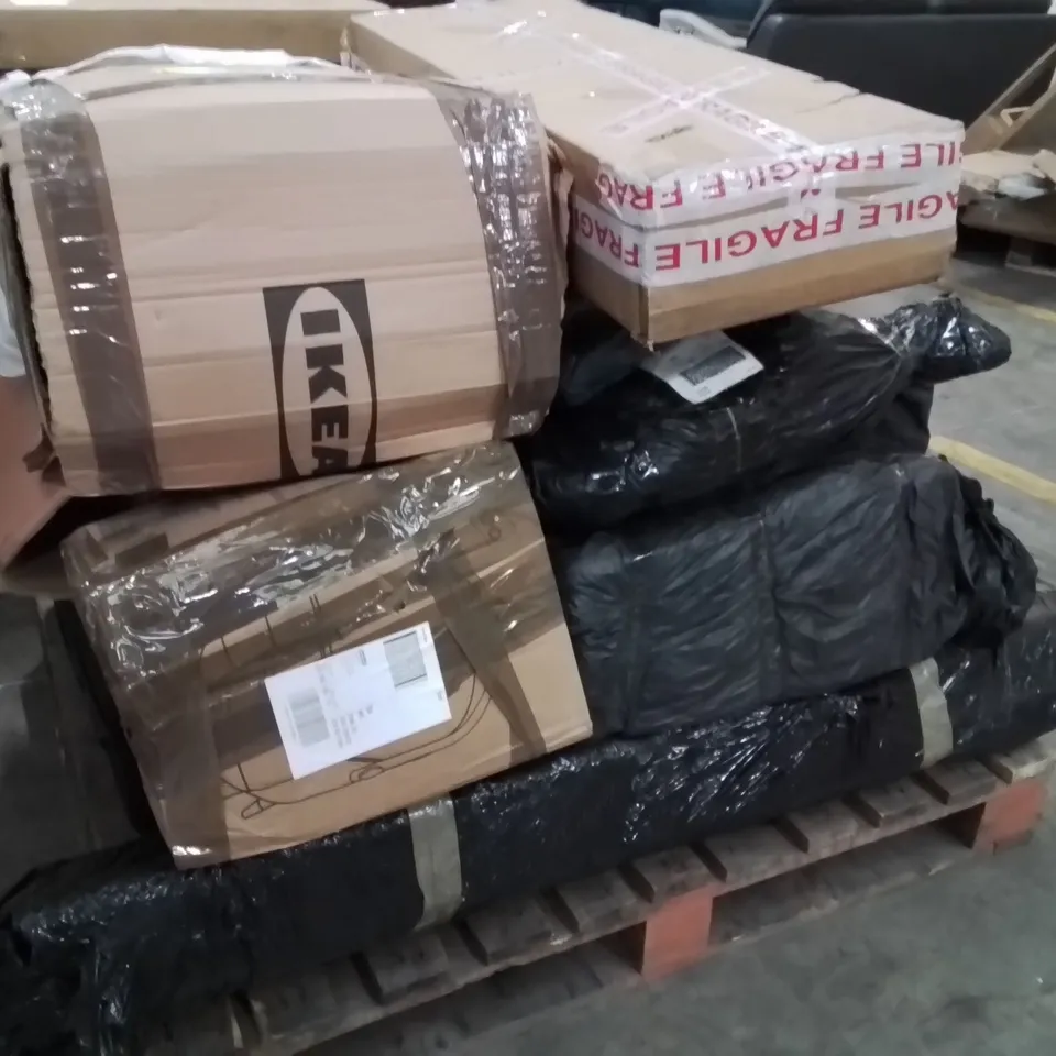 PALLET CONTAINING VARIOUS ITEMS SUCH AS; SUITCASE,WHEEL BARROW,IKEA DRAWS 