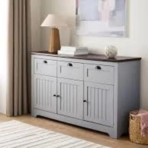 BOXED DEVON 3 DOOR, 3 DRAWER LARGE SIDEBOARD - GREY/WALNUT (2 BOXES)