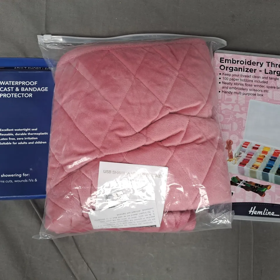 BOX OF APPROXIMATELY 20 ASSORTED HOUSEHOLD ITEMS TO INCLUDE WATERPROOF CAST & BANDAGE PROTECTOR, WARM-UP BLANKET, EMBROIDERY ORGANISER, ETC