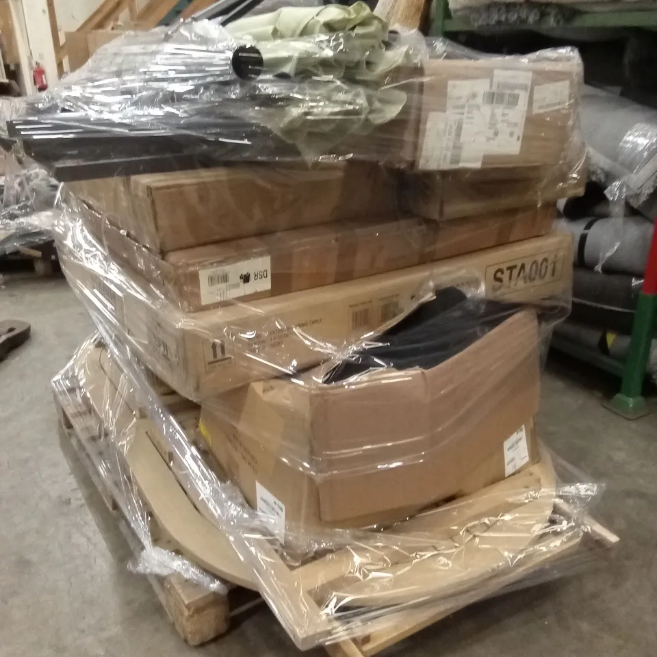 PALLET OF ASSORTED HOUSEHOLD GOODS AND PRODUCTS TO INCLUDE WOODEN TABLE,PARASOL,DINING CHAIRS