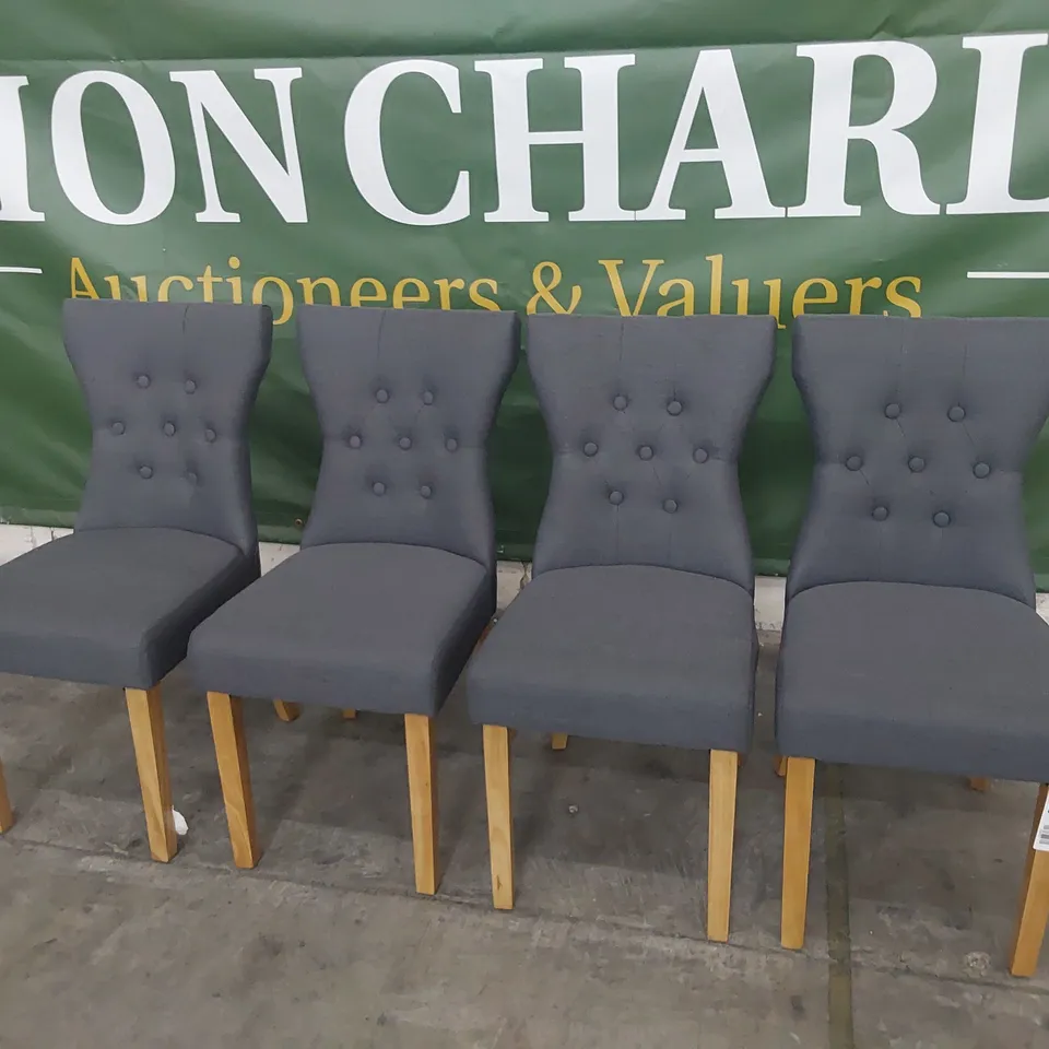 SET OF FOUR UPHOLSTERED BUTTONED BACK DINING CHAIRS GREY FABRIC ON  NATURAL WOOD LEGS A