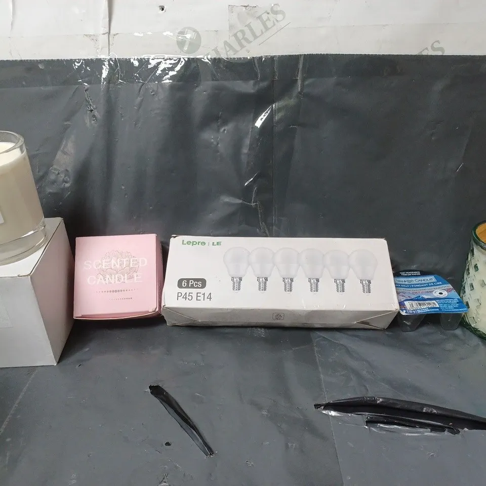 BOX OF APPROXIMATELY 12 ASSORTED ITEMS TO INCLUDE -  SCENTED CANDLE , YANKEE CANDLE WAX MELTS , LEPRE 6 PIECE OF LIGHTS ETC
