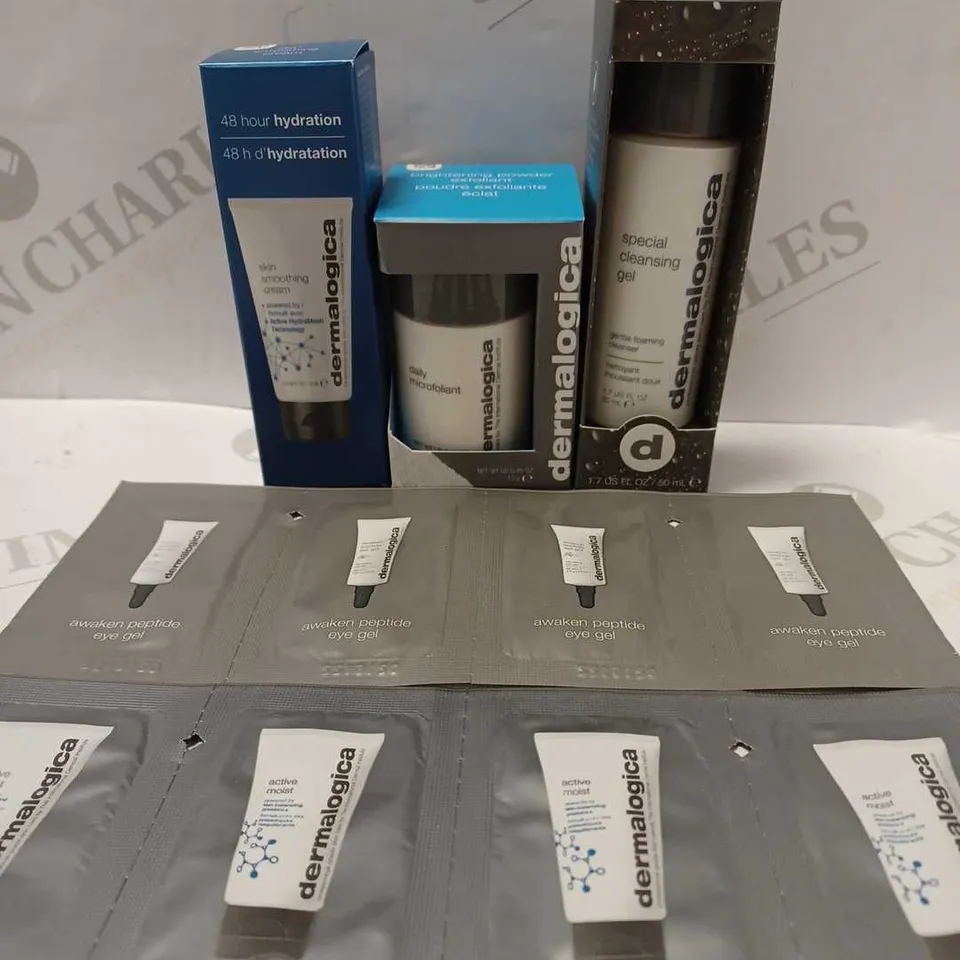 LOT OF 5 ASSORTED DERMALOGICA PRODUCTS TO INCLUDE AWAKEN PEPTIDE EYE GEL SAMPLES, SKIN SMOOTHING CREAM, SPECIAL CLEANSING GEL, ETC 