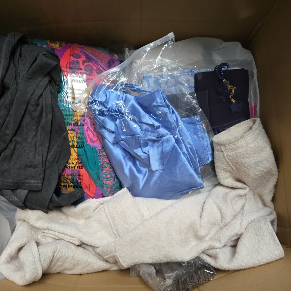 BOX OF ASSORTED CLOTHING ITEMS IN DIFFERENT SIZES AND STYLES / COLLECTION ONLY  