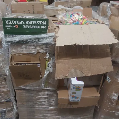 PALLET TO CONTAINING A VERY LARGE QUANTITY OF ASSORTED ITEMS INCLUDING: 20L PRESSURE SPRAYER, TAKE-A-PART TOYS, ASSORTED TOY BAGS, FLY TRAPS ECT