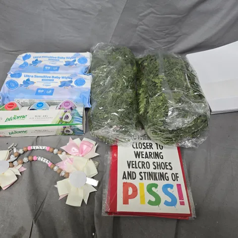APPROXIMATELY 10 ASSORTED HOUSEHOLD ITEMS TO INCLUDE BABY WIPES, ARTIFICIAL FLOWERS AND CARDS