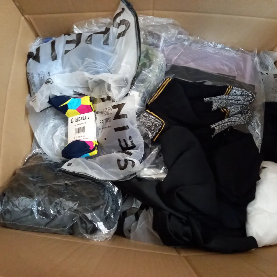  BOX OF ASSORTED CLOTHING ITEMS TOO INCLUDE DRESSES , SHIRTS AND TROUSERS IN VARIOUS SIZES AND COLOURS   