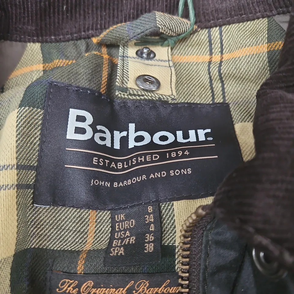 BARBOUR WAXED COTTON JACKET, BLACK WITH TARTAN LINING, CORDUROY COLLAR – UK 8