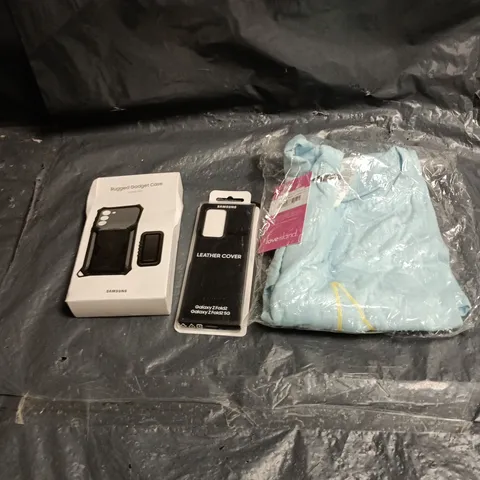 BOX OF APPROXIMATELY 30 ASSORTED ITEMS TO INCLUDE LOVE ISLAND T SHIRT, SAMSUNG LEATHER PHONE COVER, GADGET CASE ETC