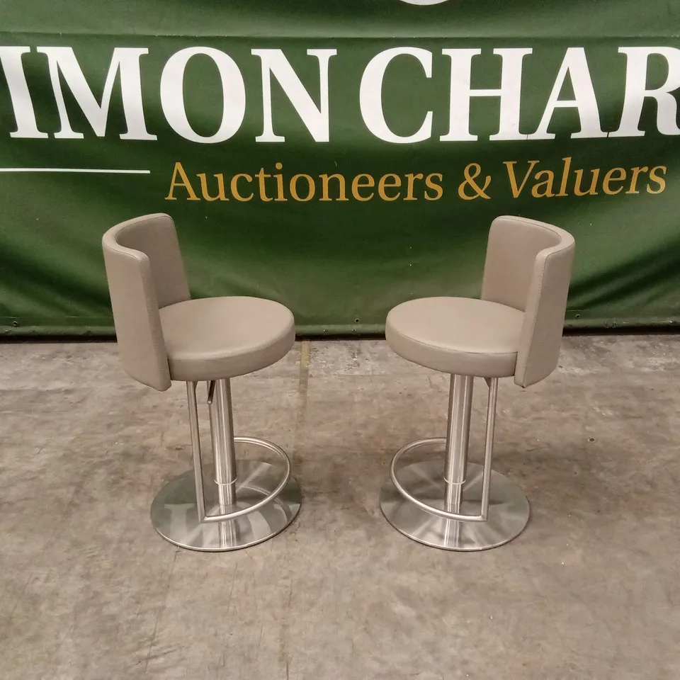 SET OF 2 QUALITY DESIGNER MONZA GAS-LIFT BARSTOOLS, TAUPE PU LEATHER