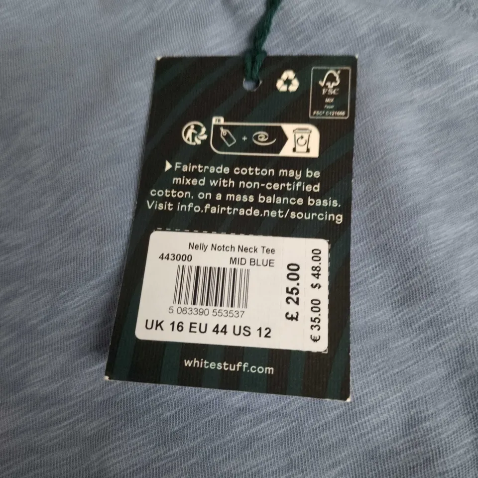 WHITE STUFF NELLY NOTCH NECK TEE – MID BLUE, UK 16 (EU 44 US 12)