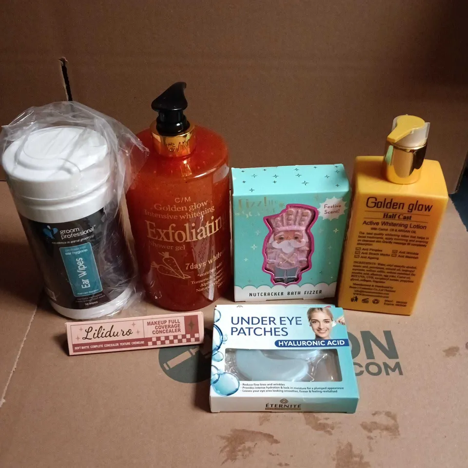 APPROXIMATEY 20 ASSORTED HEALTH AND BEAUTY PRODUCTS TO INCLUDE - GOLDEN GLOW ACTIVE WHITENING LOTION - UNDER EYE PATCHES AND NUTCRACKER BATH FIZZER