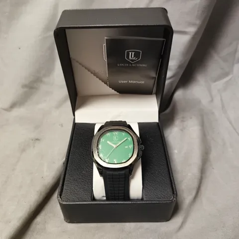 MENS LOUIS LACOMBE WATCH – GREEN DIAL WITH DATE – RUBBER STRAP 