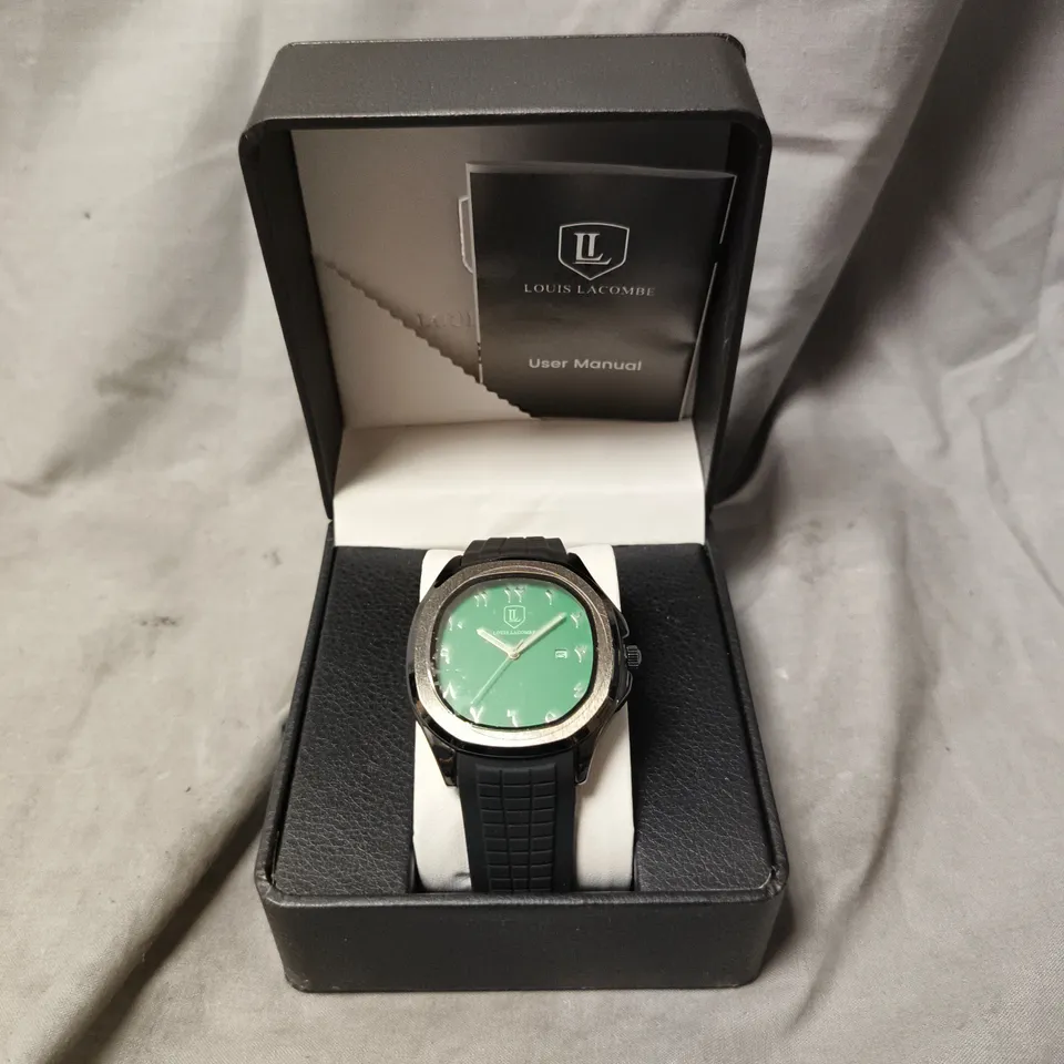 MENS LOUIS LACOMBE WATCH – GREEN DIAL WITH DATE – RUBBER STRAP 