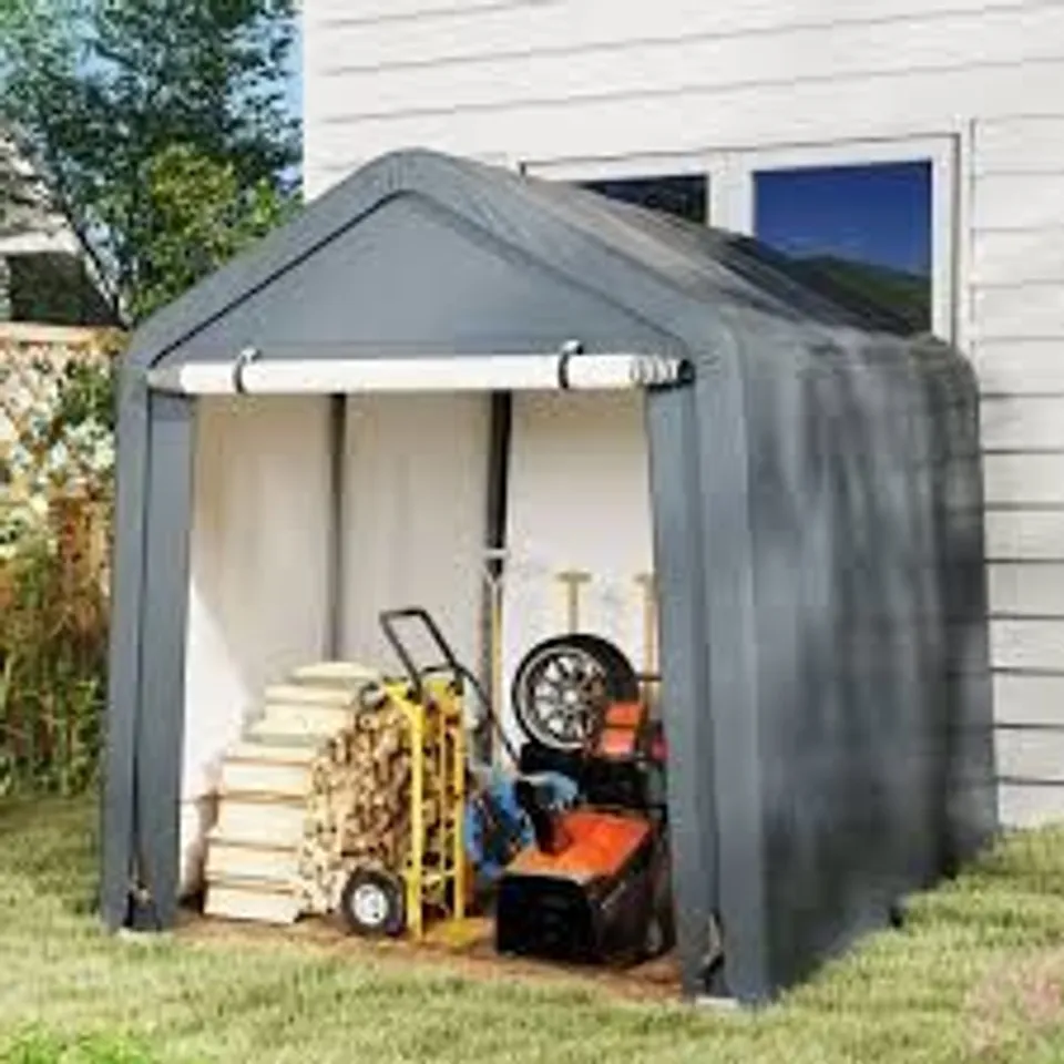 BOXED OUTDOOR PORTABLE STORAGE SHELTER WITH ROLL UP ZIPPER DOOR GREY (1 BOX)