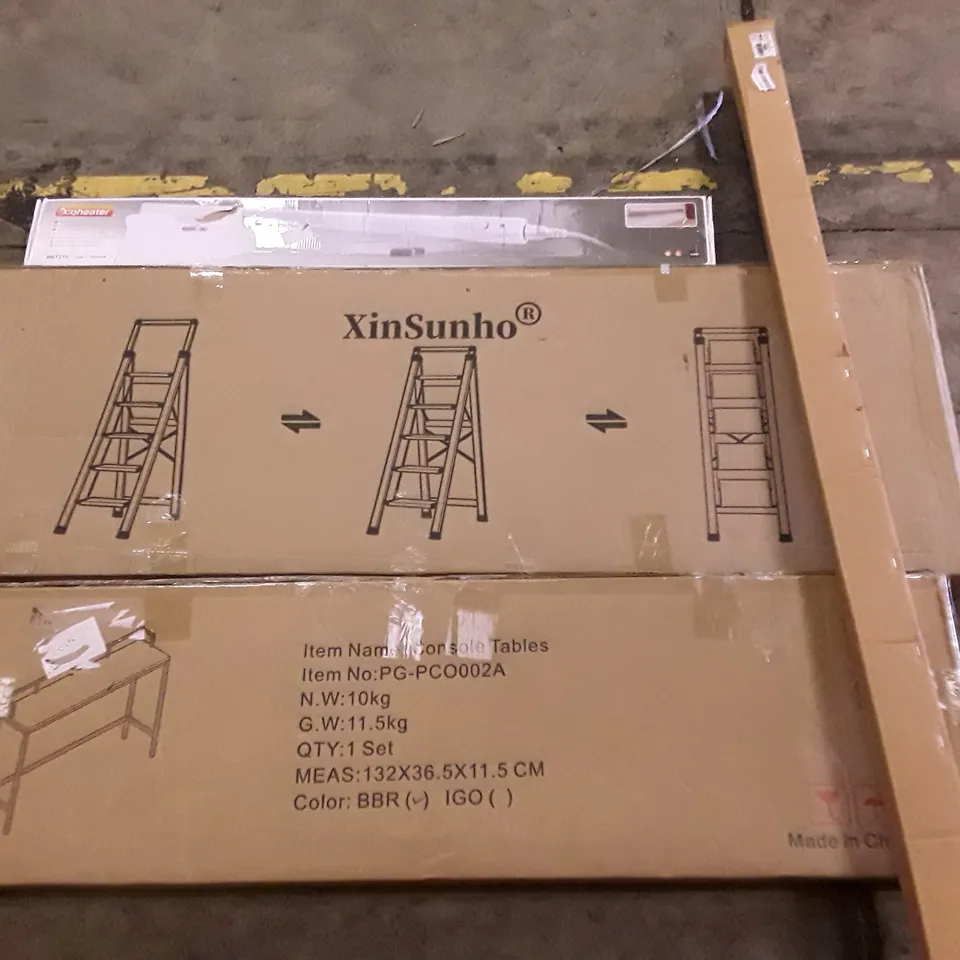 PALLET OF ASSORTED PRODUCTS INCLUDING ECOHEATER, CONSOLE TABLE, TELESCOPIC LADDER,  WINDOW DECO
