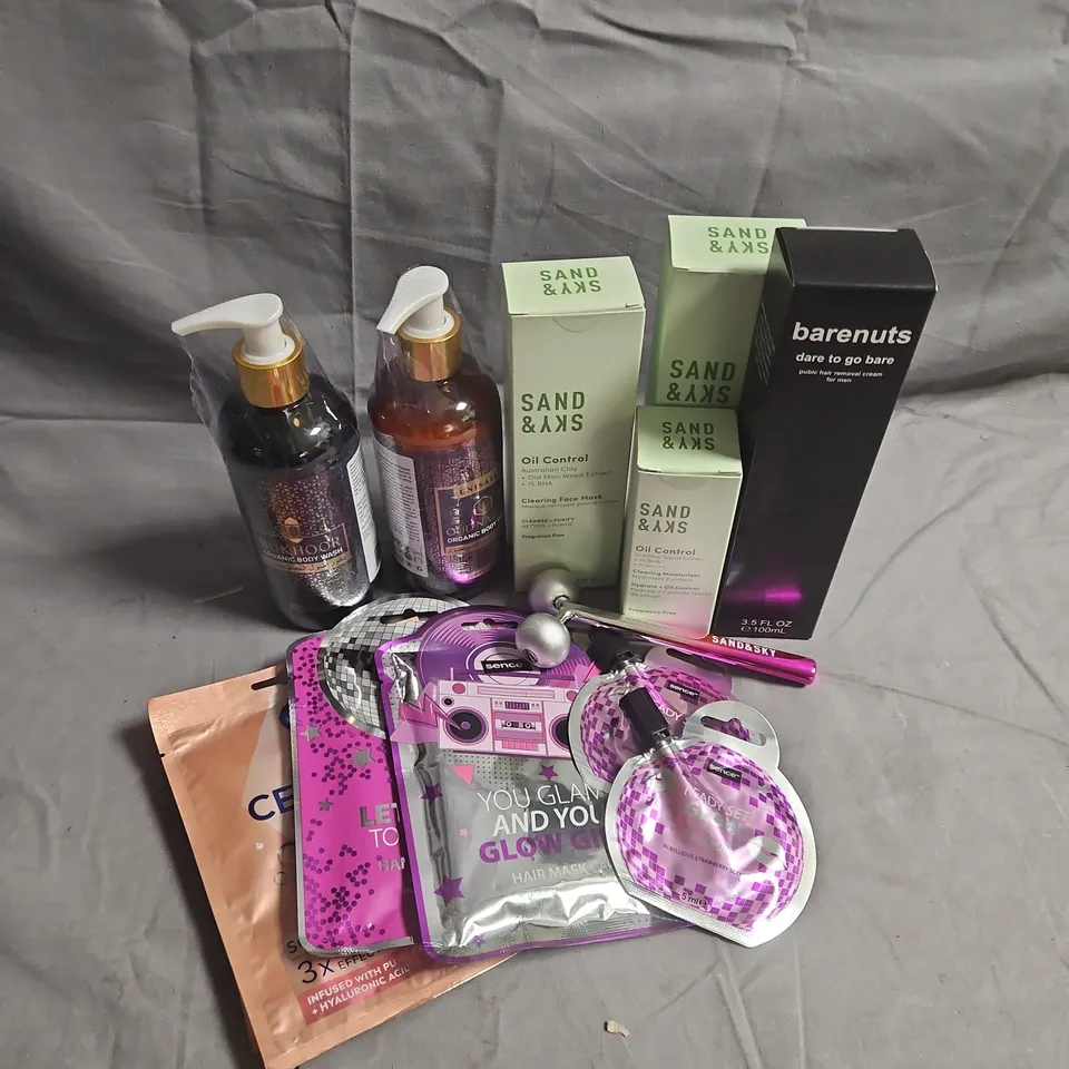 APPROXIMATEY 20 ASSORTED HEALTH AND BEAUTY PRODUCTS TO INCLUDE - SAND & SKY OIL CONTROL CLEARING FACE MASK - BARENUTS HAIR REMOVAL CREAM - SENCE LIP SERUM - ETC