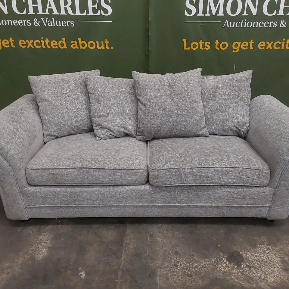 DESIGNER 3 SEATER GREY FABRIC UPHOLSTERED SOFA