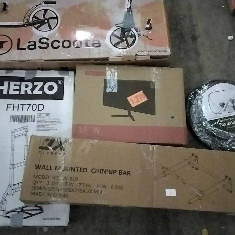 PALLET OF ASSORTED ITEMS INCLUDING FOLDING HAND TRUCK, WALL MOUNTED CHINUP BAR, POP UP GREENHOUSE, 19" W MONITOR, LASCOOTA KIDS SCOOTER