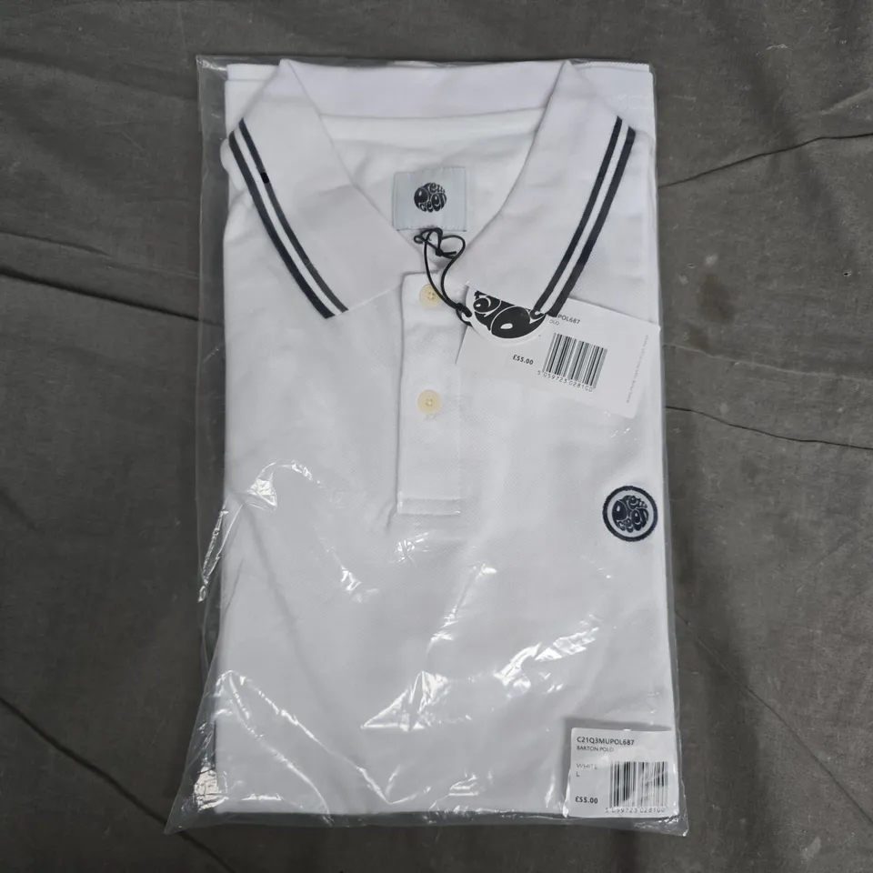 BAGGED PRETTY GREEN BARTON POLO WHITE POLO SHIRT – SIZE L