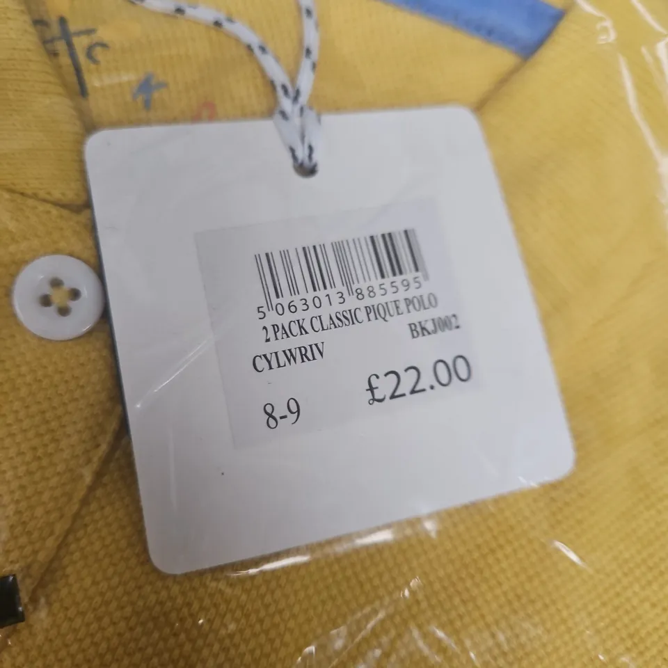 CREW CLOTHING COMPANY 2 PACK CLASSIC PIQUE POLO SHIRTS – KIDS, YELLOW WITH BLUE TRIM, UK 8-9