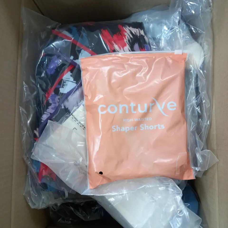 BOX OF APPROXIMATELY 10 CLOTHING ITEMS TO INCLUDE FLUFFY SOCKS, TOPS, SHAPER SHORTS ETC